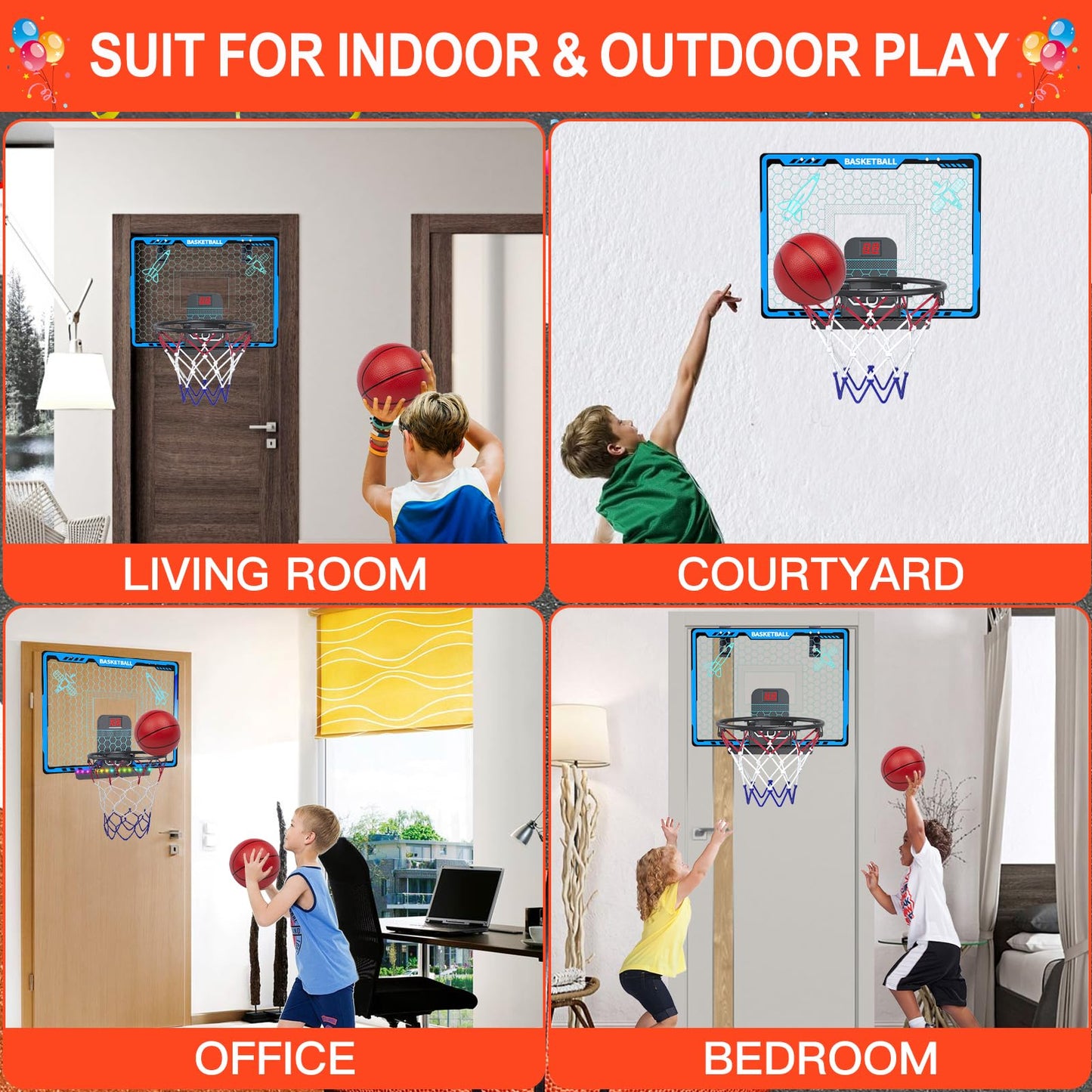 Awsoo Mini Basketball Hoop for Kids – Blue Indoor Hoop with 4 Balls, LED Scoreboard
