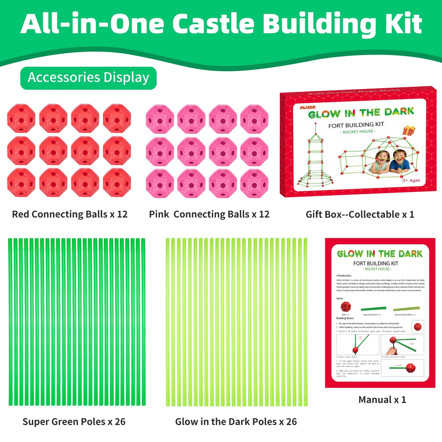Awsoo Fort Building Kit for Kids – Glow-in-the-Dark STEM Construction Toy, 52 Poles & 24 Connectors