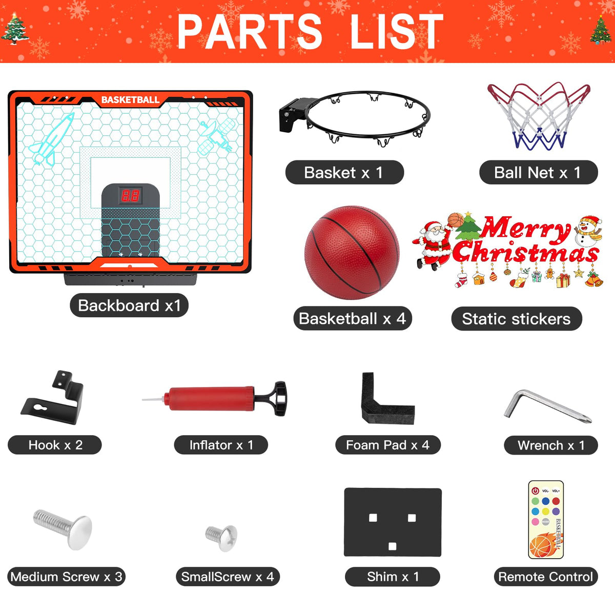 Awsoo Indoor Basketball Hoop for Kids with LED Lights, Scoreboard & 4 Balls – Door-Mount Mini Hoop (Red)