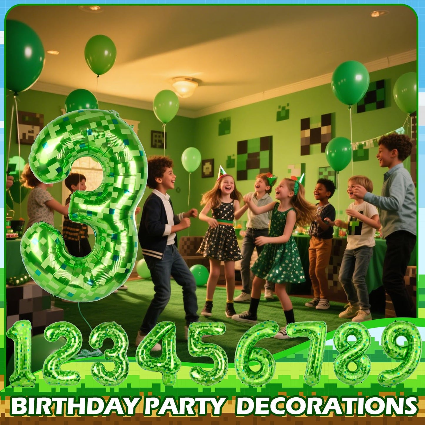 AXBMM 40 Inch Giant Green Pixel Miner Number Balloon 3 – Mining Adventure Party Decor for Birthdays & Anniversaries
