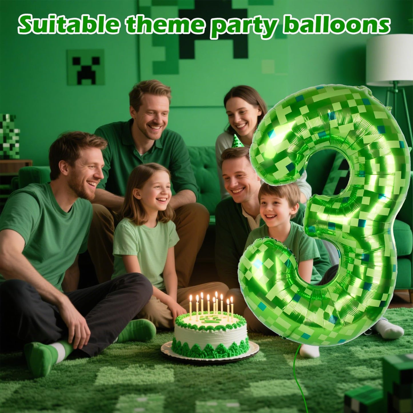 AXBMM 40 Inch Giant Green Pixel Miner Number Balloon 3 – Mining Adventure Party Decor for Birthdays & Anniversaries