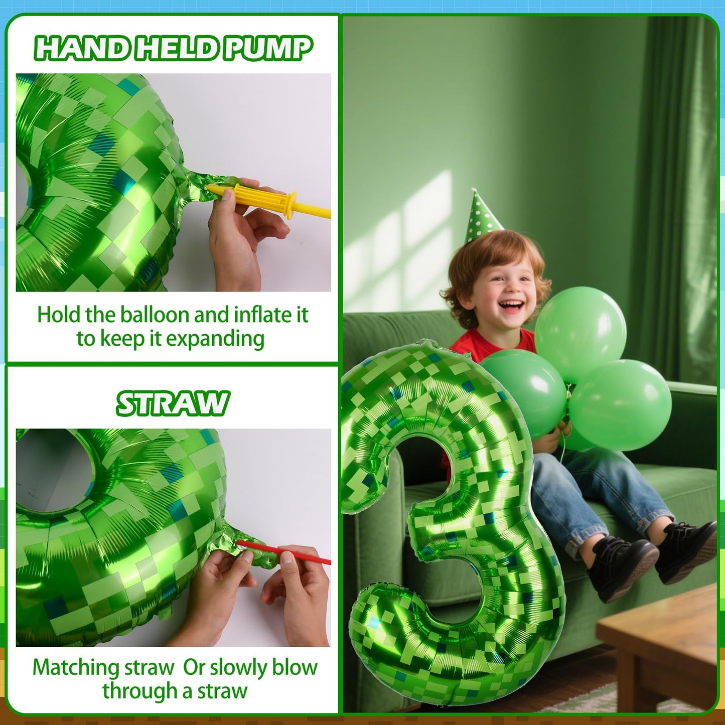 AXBMM 40 Inch Giant Green Pixel Miner Number Balloon 3 – Mining Adventure Party Decor for Birthdays & Anniversaries
