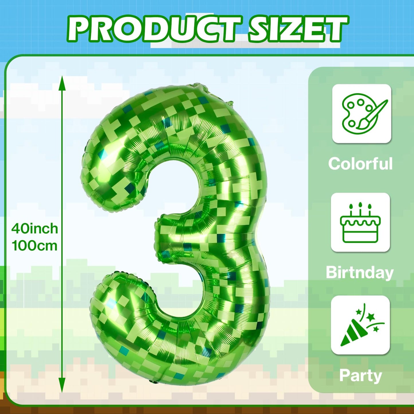 AXBMM 40 Inch Giant Green Pixel Miner Number Balloon 3 – Mining Adventure Party Decor for Birthdays & Anniversaries
