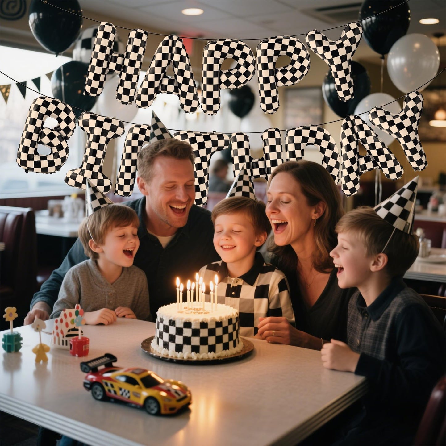 AXBMM Racing Cars Birthday Banner Kit - Checkered Backdrop & Balloons