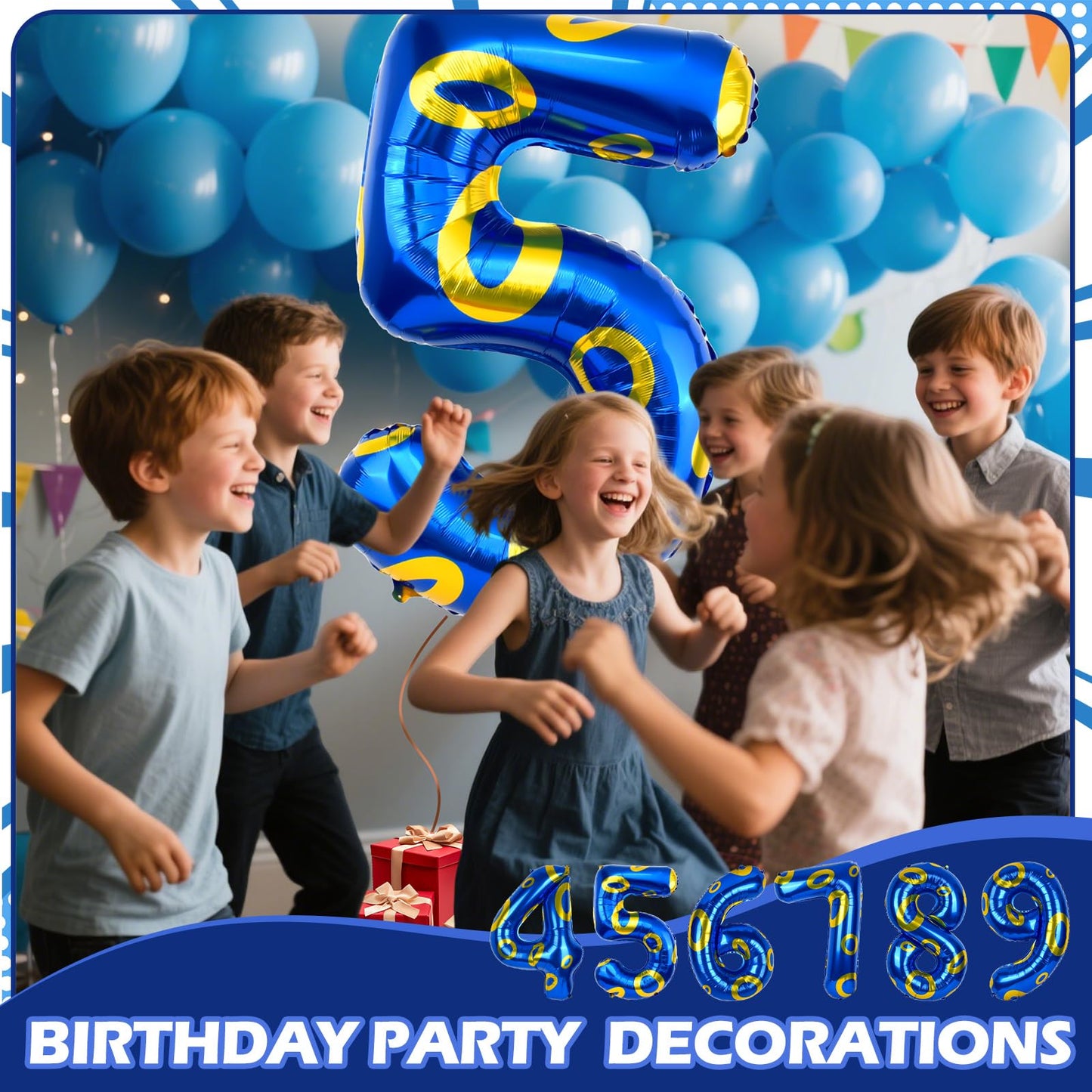 AXBMM 40-Inch Blue & Gold Ring Theme Number 5 Foil Balloon | Large Birthday Party Decor