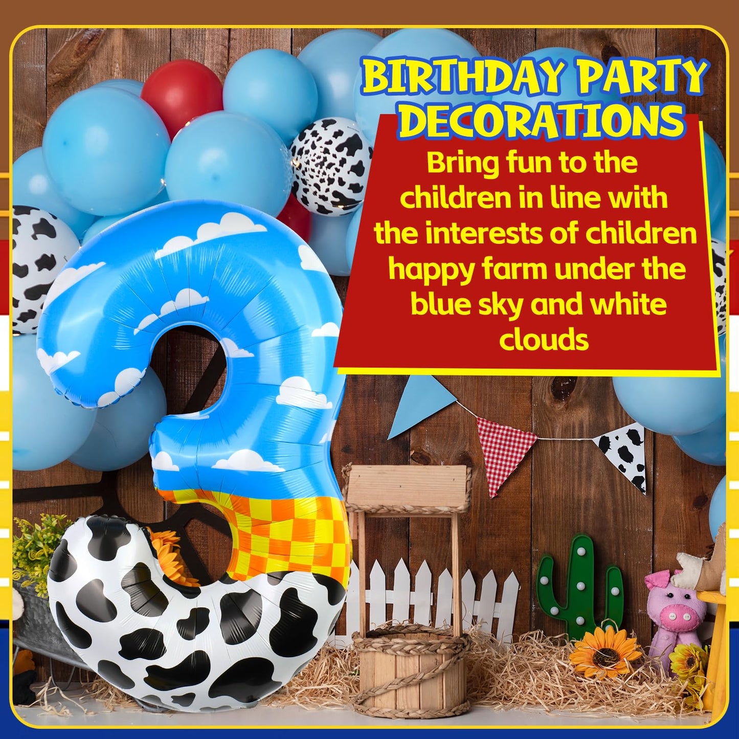 AXBMM 40-Inch Number 3 Balloon – Blue Clouds, Farm Theme for Birthday Party Decor