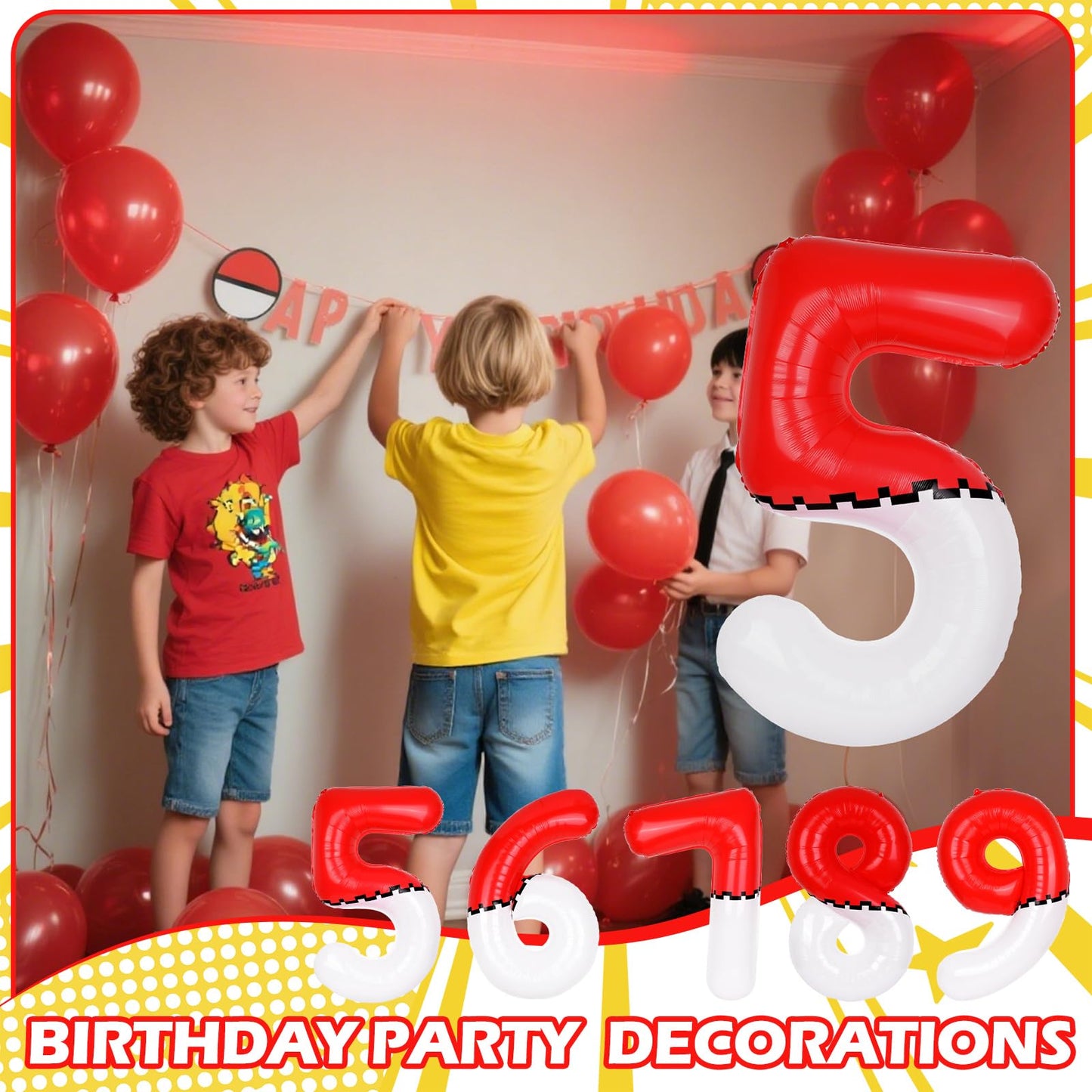AXBMM 40-Inch Red & White Cartoon Number 5 Foil Balloon for Kids Birthday Parties
