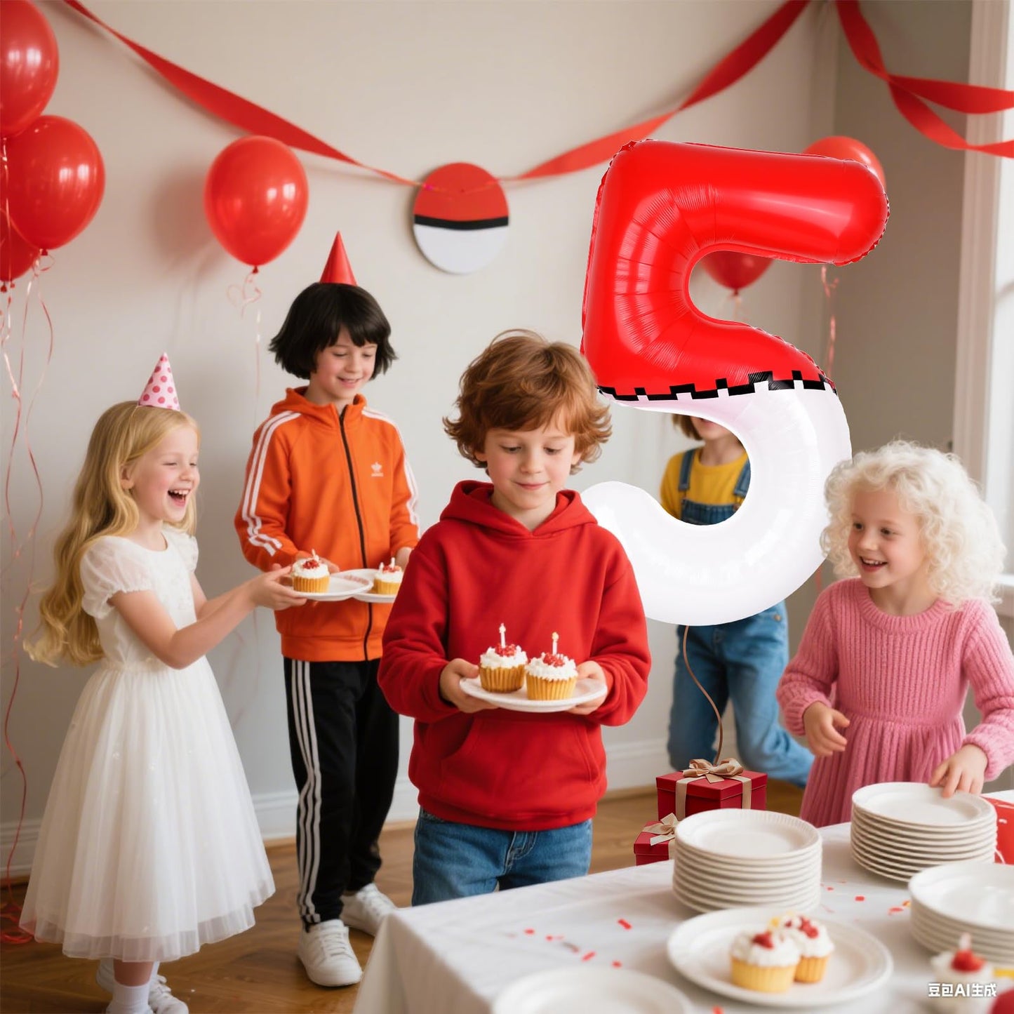 AXBMM 40-Inch Red & White Cartoon Number 5 Foil Balloon for Kids Birthday Parties