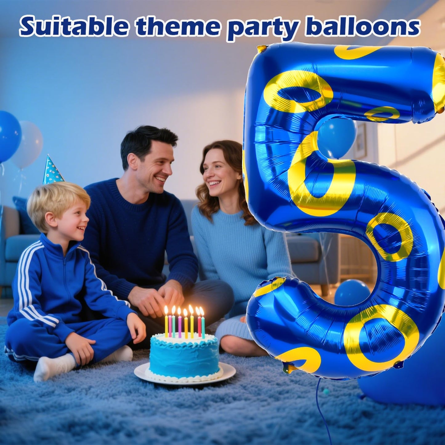 AXBMM 40-Inch Blue & Gold Ring Theme Number 5 Foil Balloon | Large Birthday Party Decor