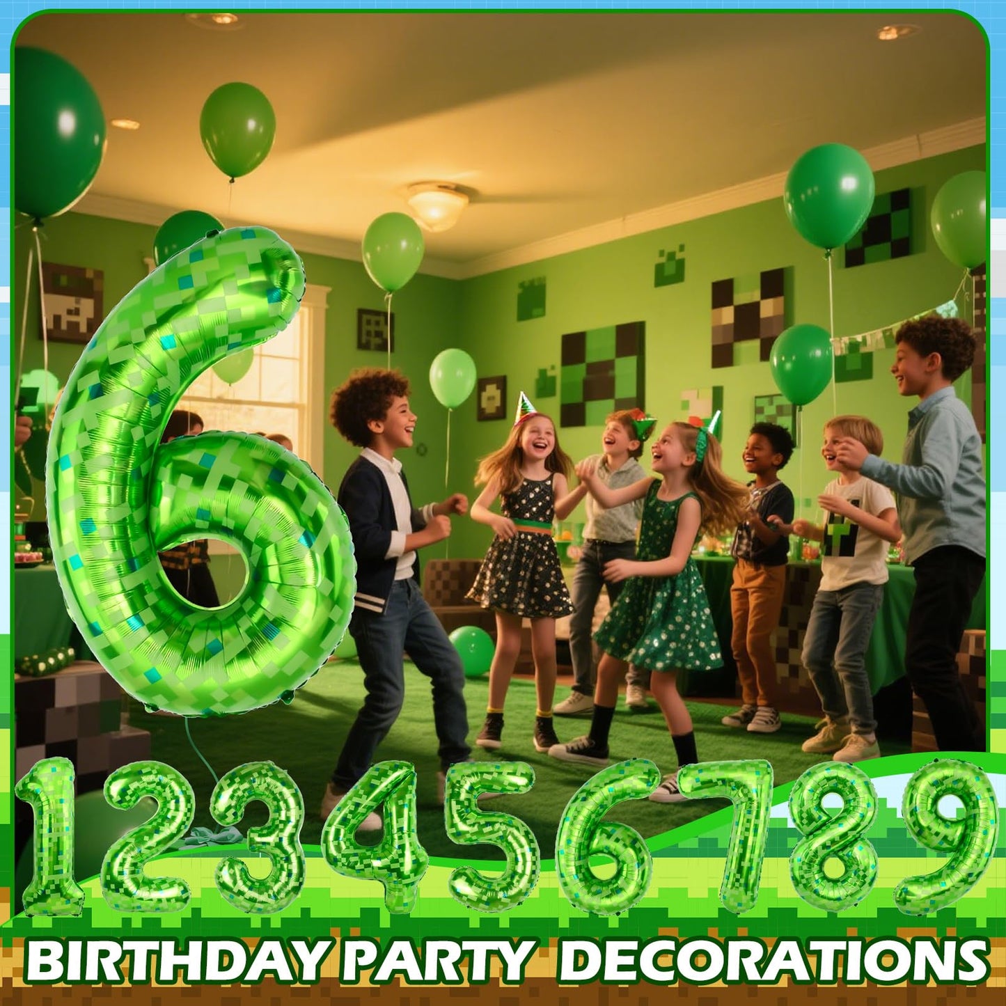 AXBMM 40-Inch Green Pixel Miner Number Balloon 6 – Giant Foil Balloons for Birthdays & Themed Mining Adventures