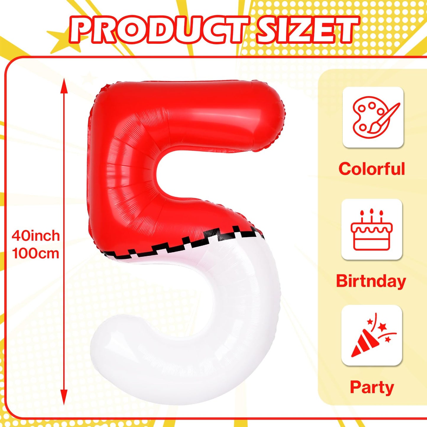 AXBMM 40-Inch Red & White Cartoon Number 5 Foil Balloon for Kids Birthday Parties