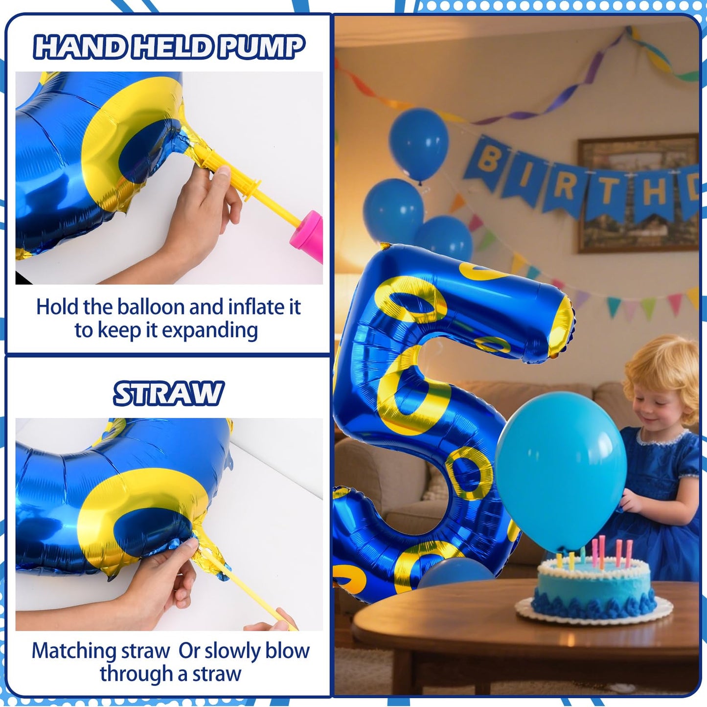 AXBMM 40-Inch Blue & Gold Ring Theme Number 5 Foil Balloon | Large Birthday Party Decor