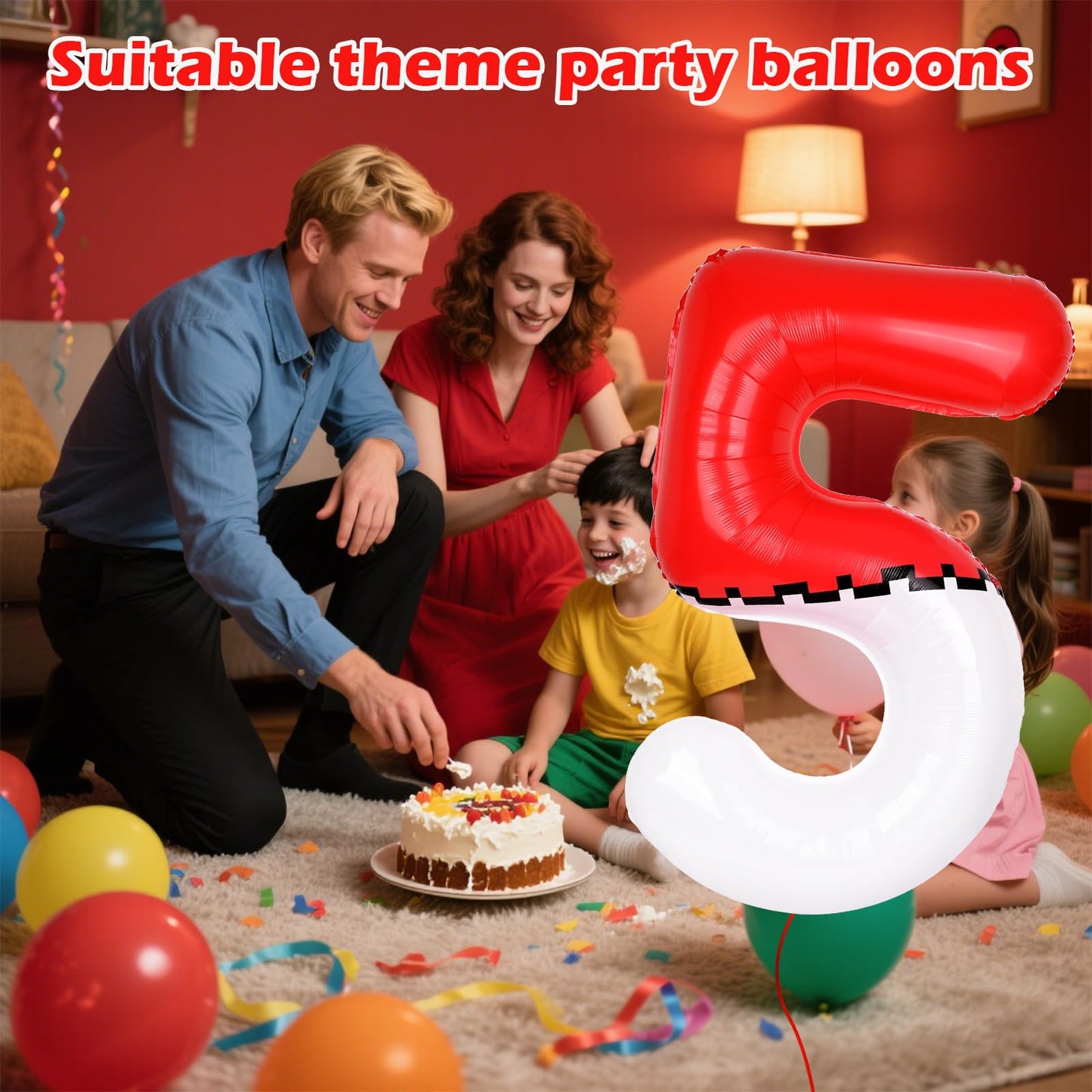 AXBMM 40-Inch Red & White Cartoon Number 5 Foil Balloon for Kids Birthday Parties