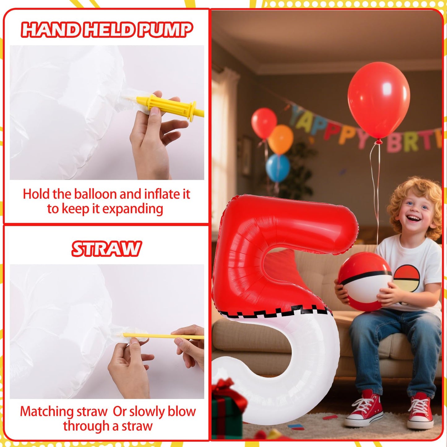 AXBMM 40-Inch Red & White Cartoon Number 5 Foil Balloon for Kids Birthday Parties