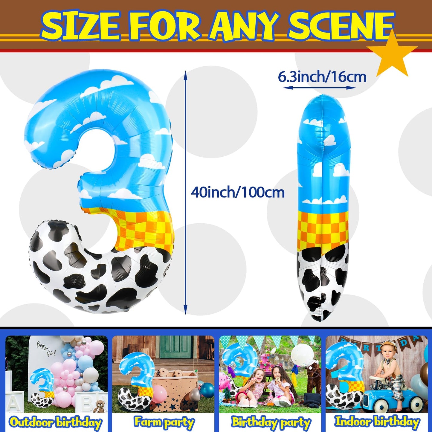 AXBMM 40-Inch Number 3 Balloon – Blue Clouds, Farm Theme for Birthday Party Decor