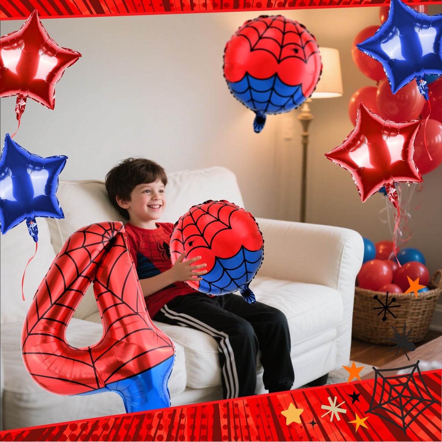 AXBMM 40 Inch Spider Theme Number Balloon - Large Foil Balloon 4 for 4th Birthday Party Decor