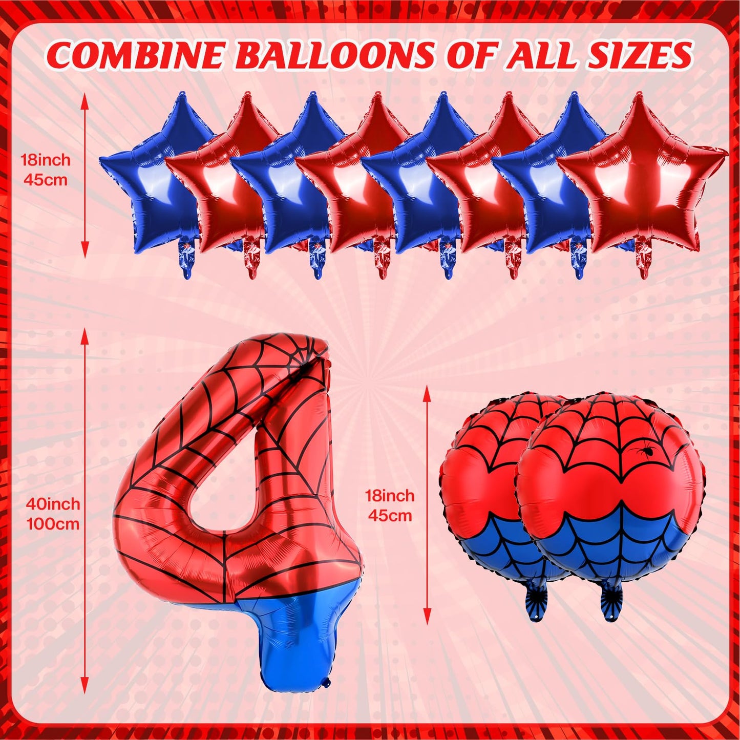 AXBMM 40 Inch Spider Theme Number Balloon - Large Foil Balloon 4 for 4th Birthday Party Decor