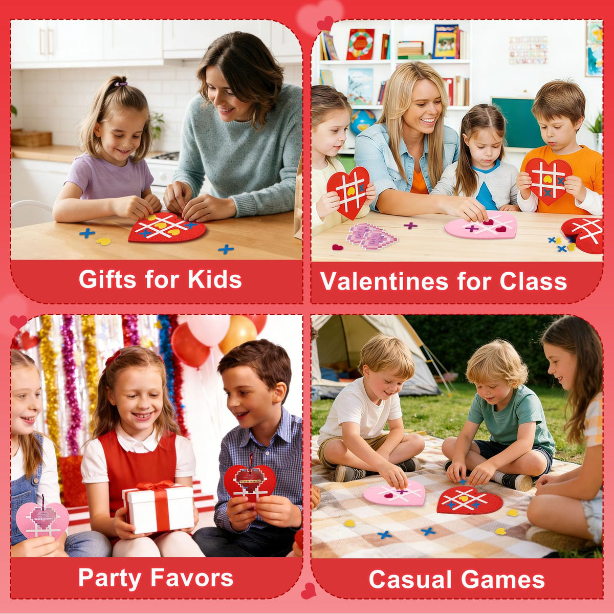 Axcoix 24 Pack Valentines Tic Tac Toe Game with Cards – Classroom Gift Set for Kids