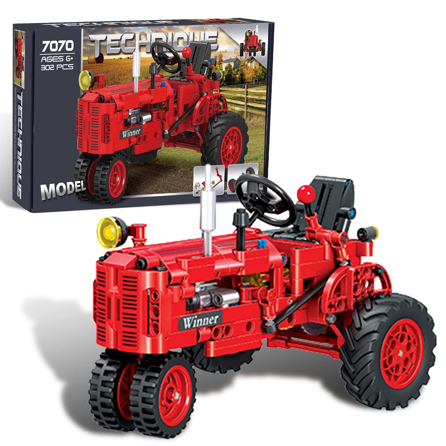 A XINAO TOYS Classic Tractor Farm Toy 1/12 — 302-Piece Red Tractor Building Set with Shifting and Steering Structures