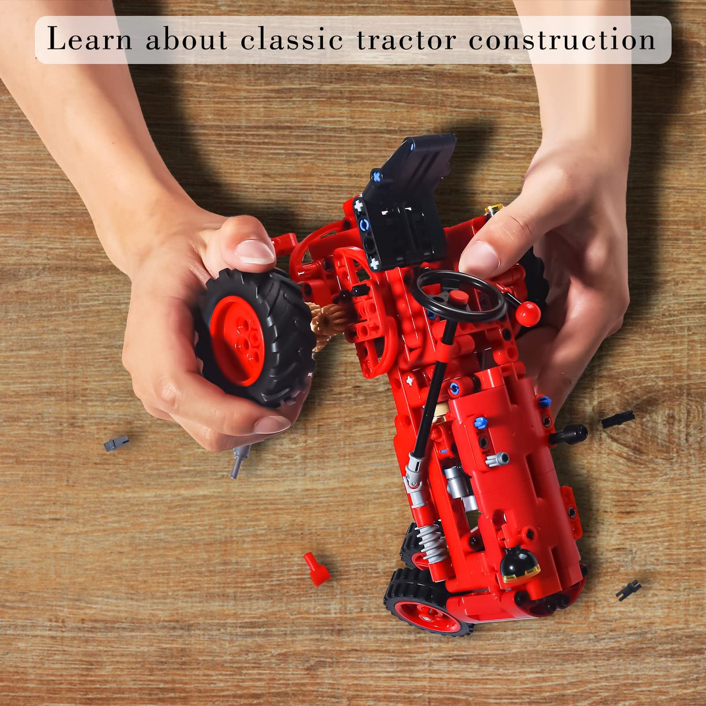 A XINAO TOYS Classic Tractor Farm Toy 1/12 — 302-Piece Red Tractor Building Set with Shifting and Steering Structures