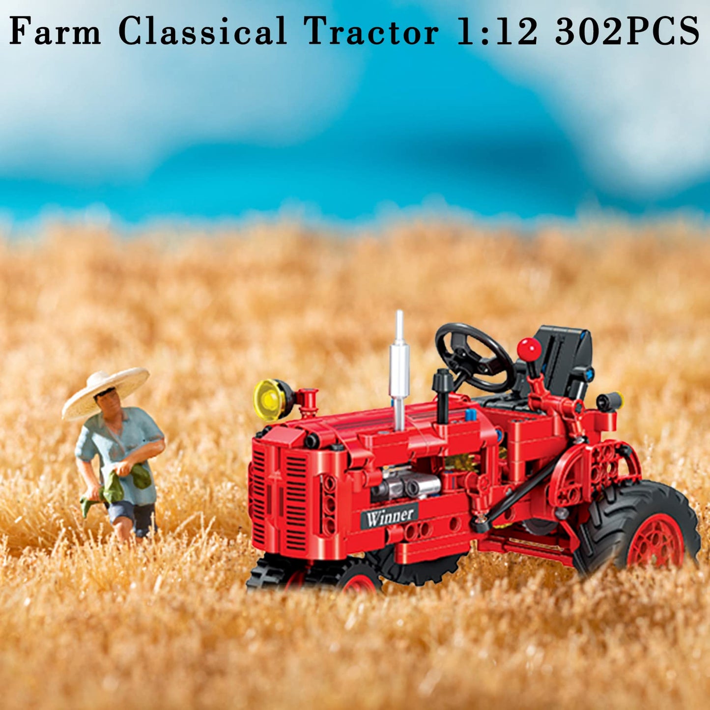 A XINAO TOYS Classic Tractor Farm Toy 1/12 — 302-Piece Red Tractor Building Set with Shifting and Steering Structures