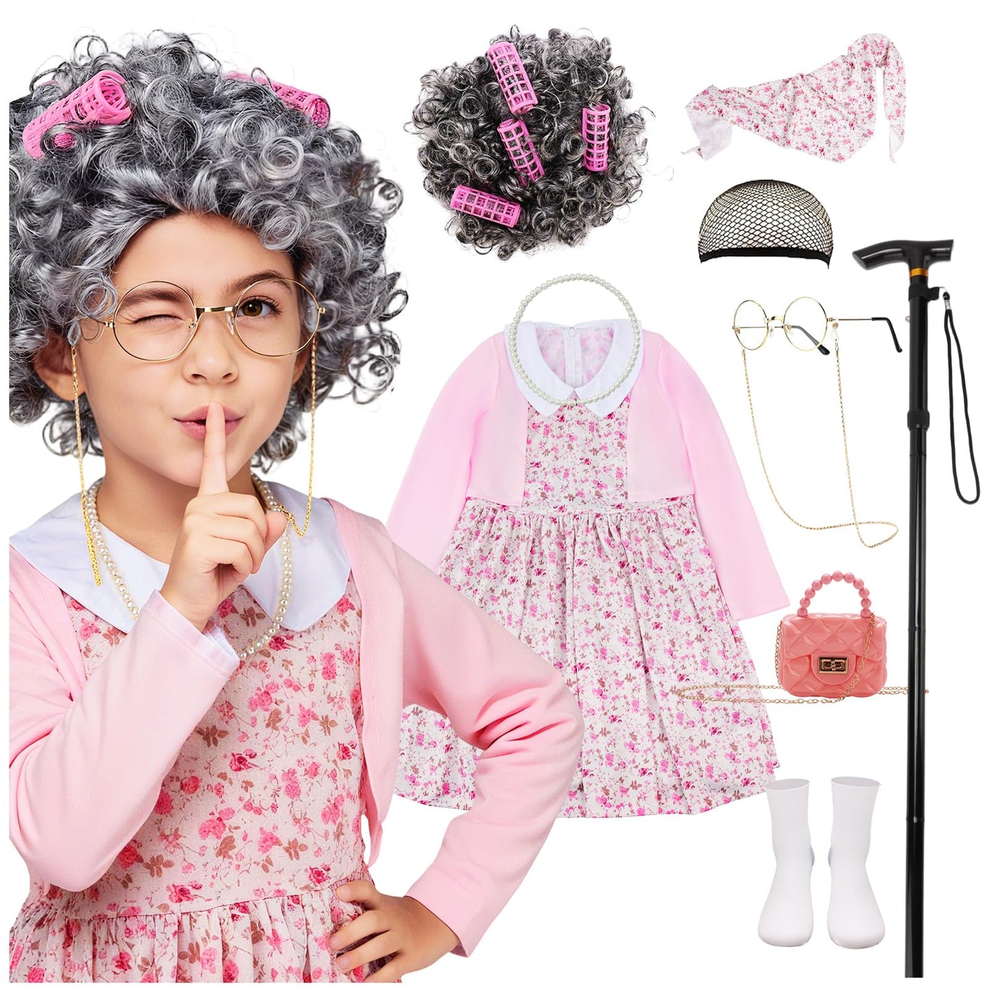 AXINYINGESS 100 Days of School Old Lady Costume Set for Girls – Granny Dress Up Kit