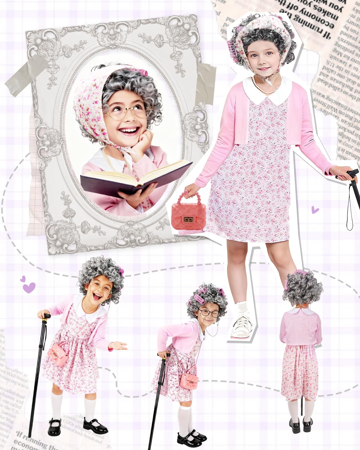 AXINYINGESS 100 Days of School Old Lady Costume Set for Girls – Granny Dress Up Kit