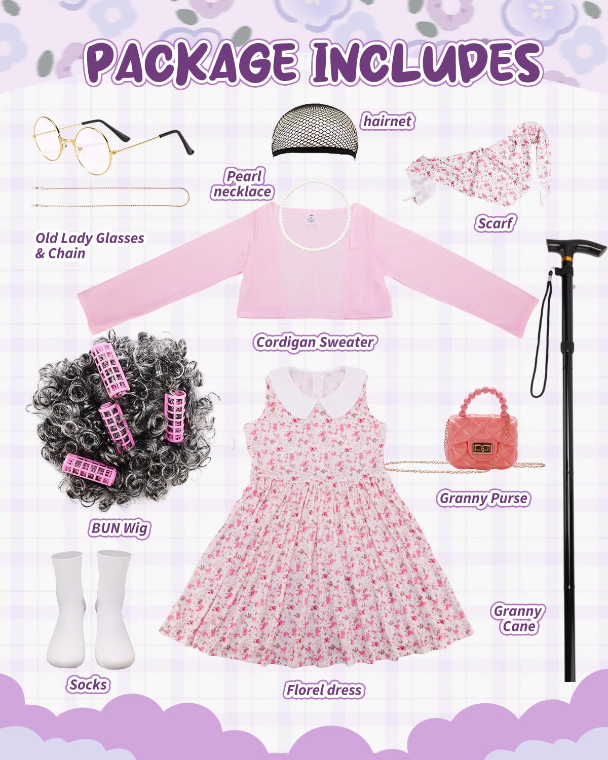 AXINYINGESS 100 Days of School Old Lady Costume Set for Girls – Granny Dress Up Kit