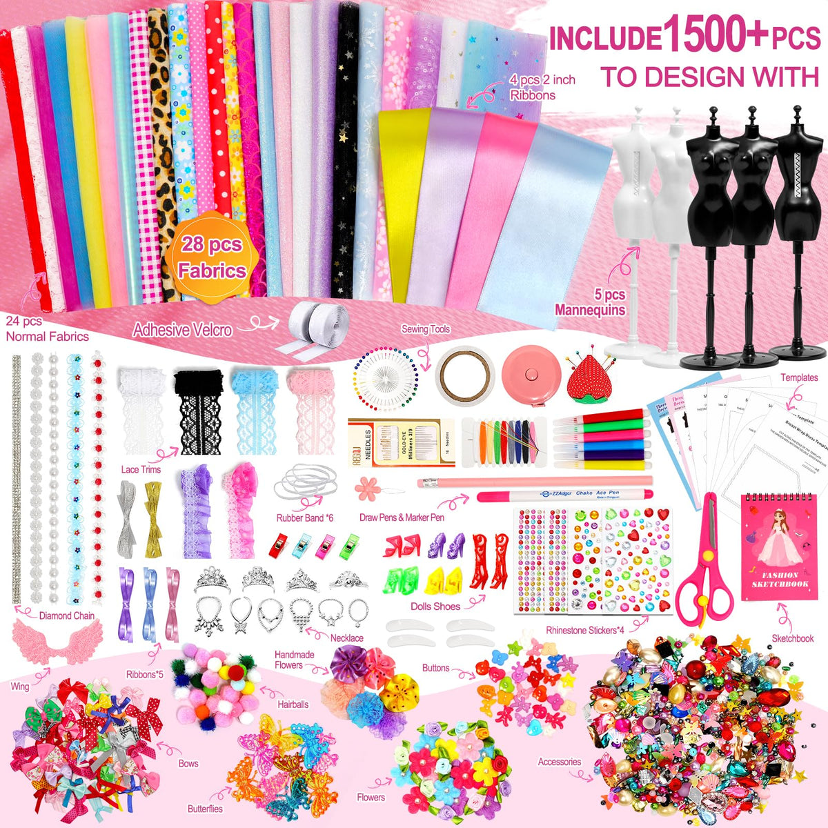 Axirata 1500+ PCS Fashion Designer Kit for Girls – Sketchbook, 5 Mannequins & DIY Tools (Ages 6-12)