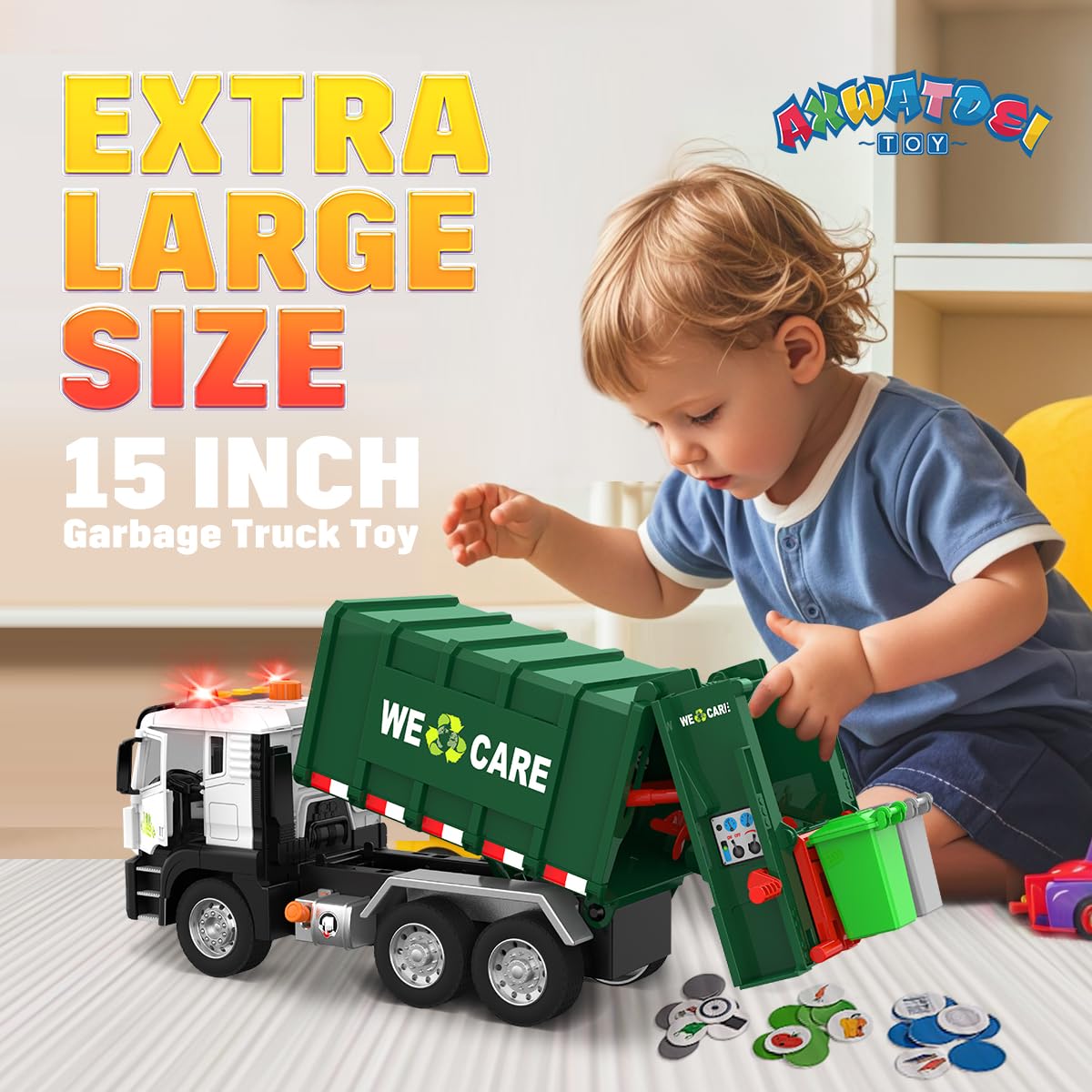 AXWATDEI Garbage Truck Toy – Large Friction-Powered Front-Load Dump Truck with 4 Bins
