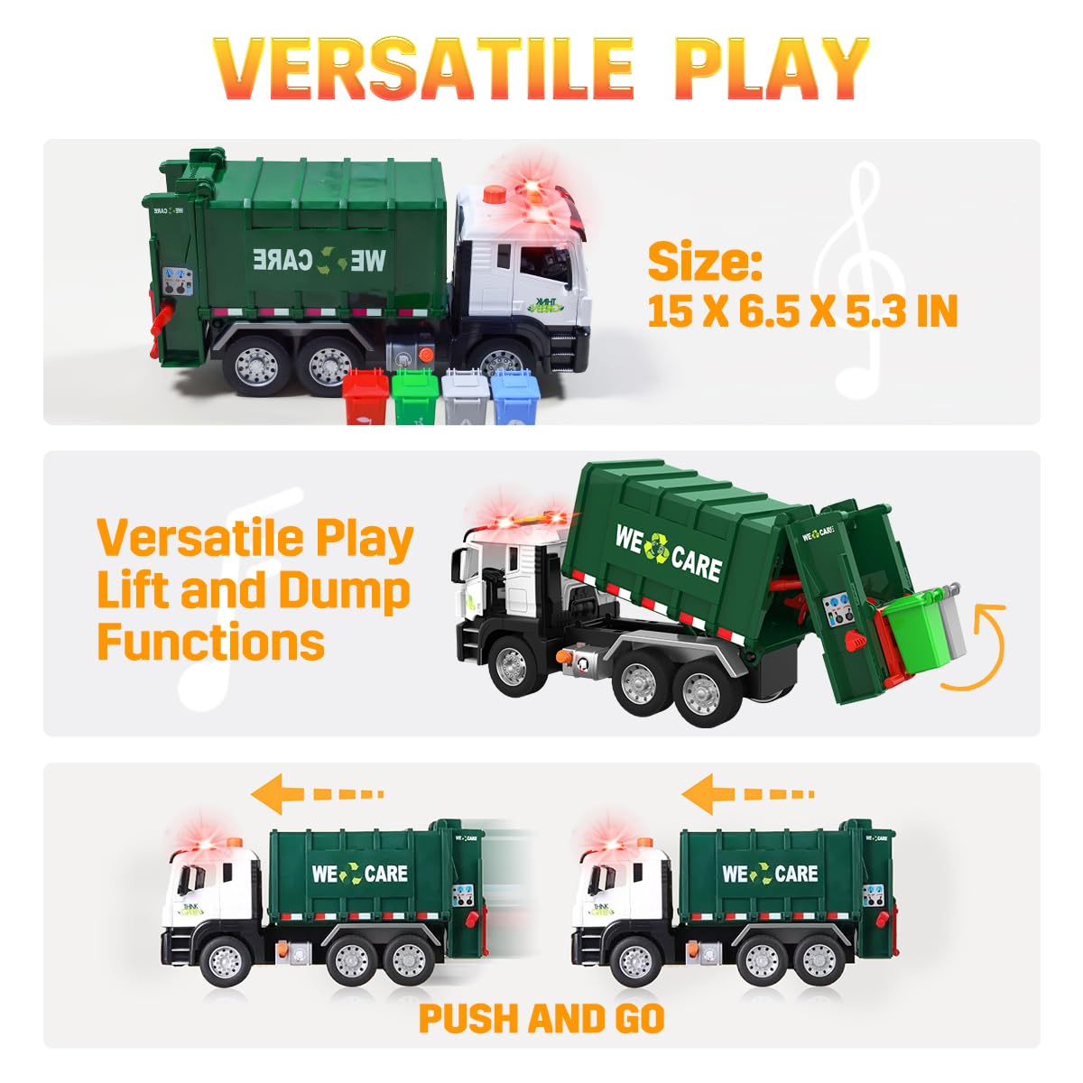AXWATDEI Garbage Truck Toy – Large Friction-Powered Front-Load Dump Truck with 4 Bins