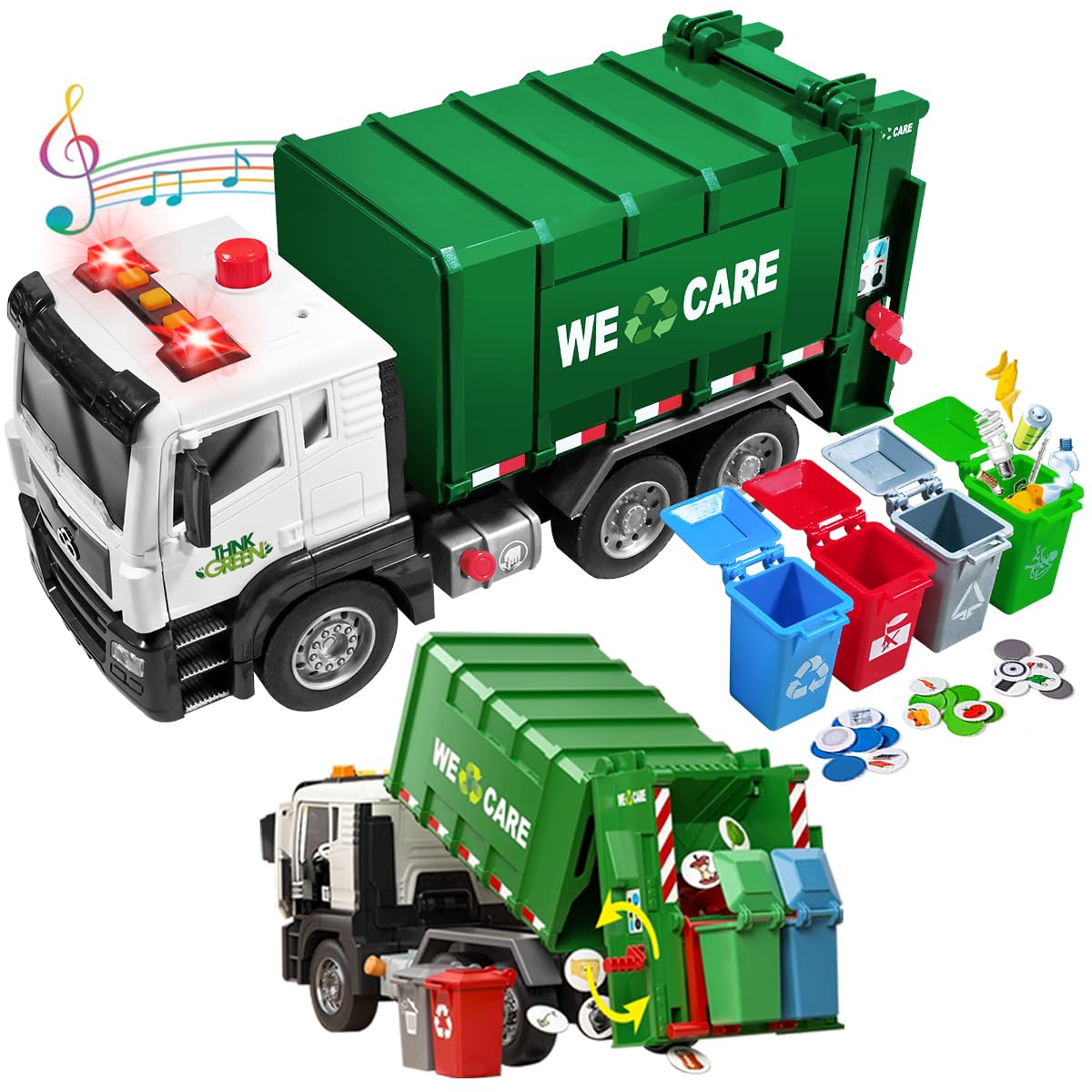 AXWATDEI Garbage Truck Toy – Large Friction-Powered Front-Load Dump Truck with 4 Bins