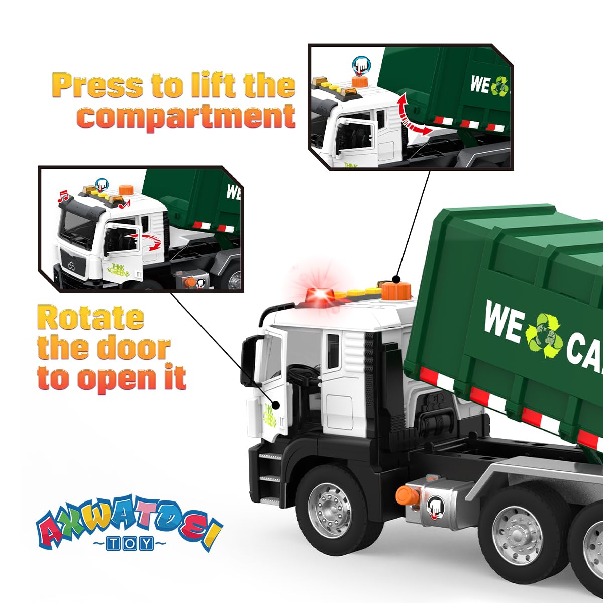 AXWATDEI Garbage Truck Toy – Large Friction-Powered Front-Load Dump Truck with 4 Bins