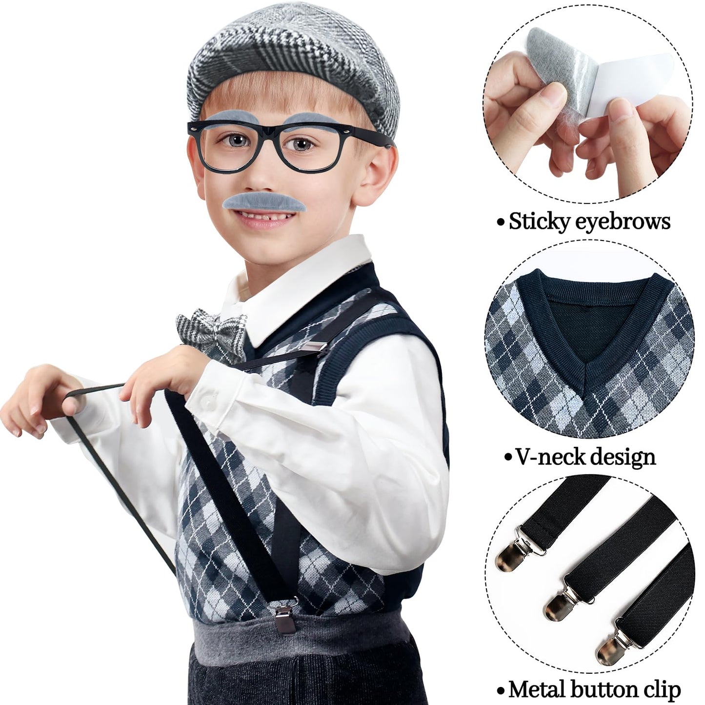 Axwcon Kids 100 Days of School Costume - Grandpa Old Man with Accessories (Retro Black, Large 8-10y)