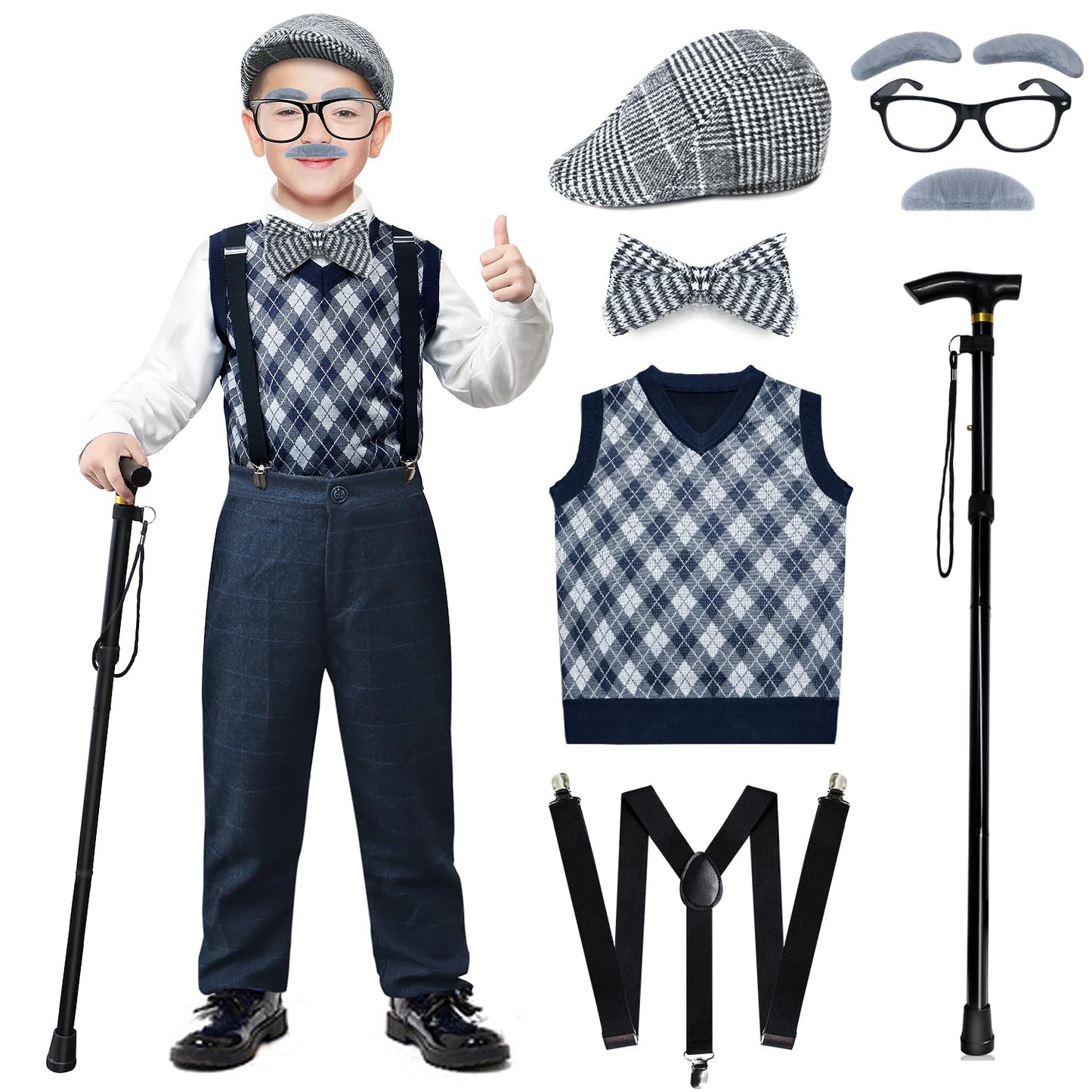 Axwcon Kids 100 Days of School Costume - Grandpa Old Man with Accessories (Retro Black, Large 8-10y)