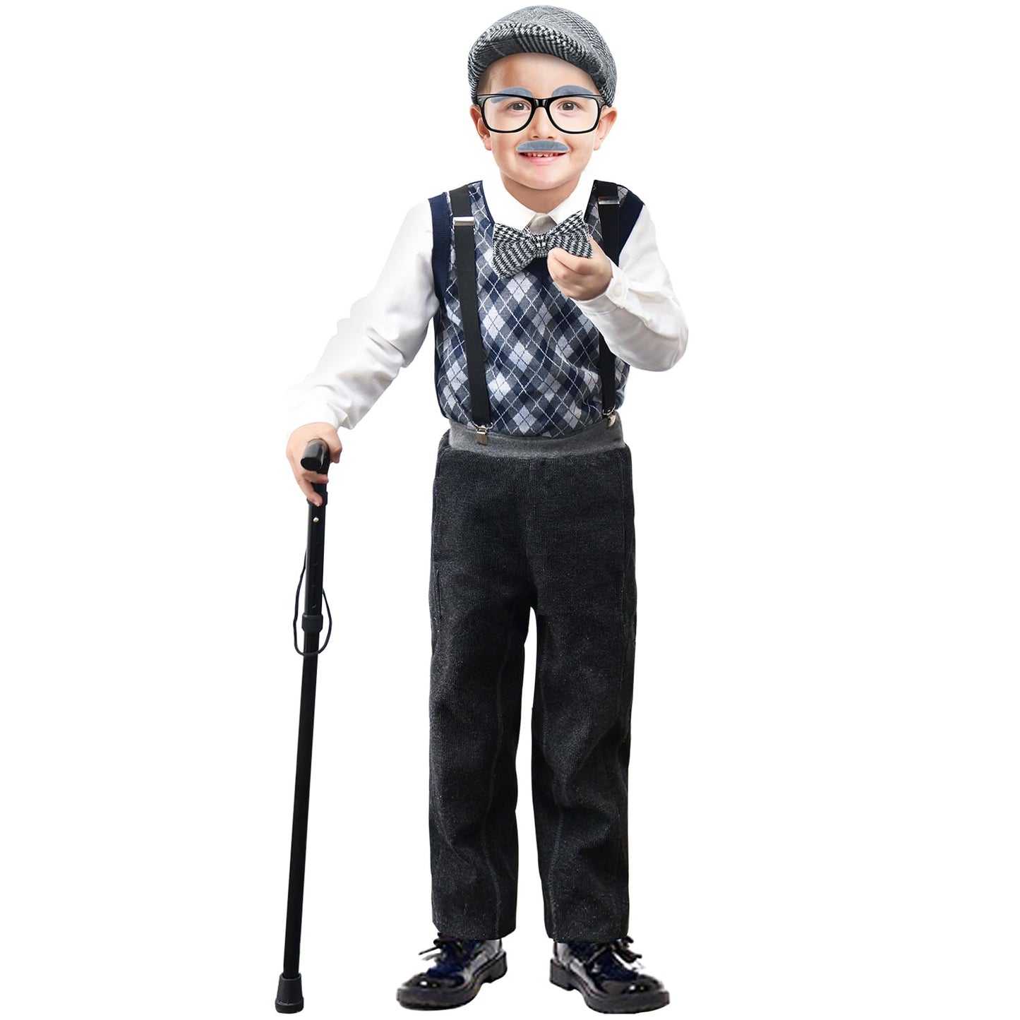 Axwcon Kids 100 Days of School Costume - Grandpa Old Man with Accessories (Retro Black, Large 8-10y)