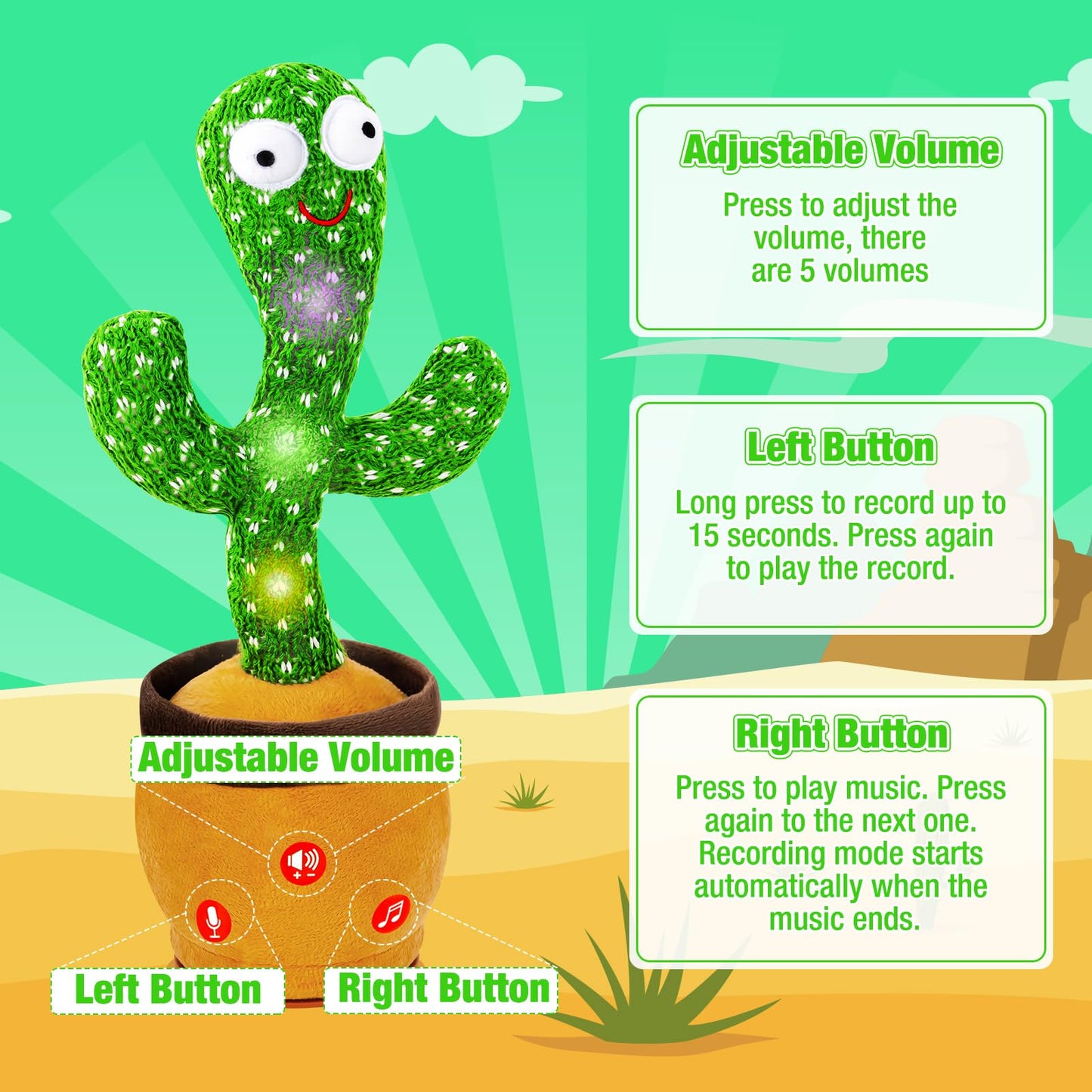 Ayeboovi Dancing Talking Cactus Toy – Volume Adjustable, Repeats What You Say, 120 Songs