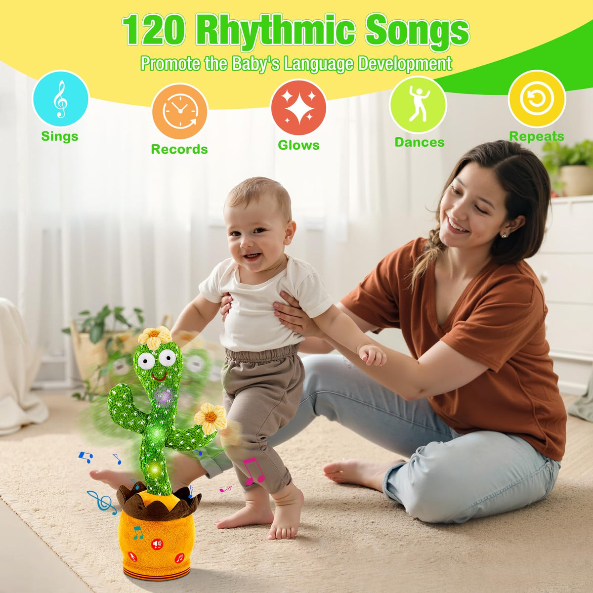 Ayeboovi Dancing Talking Cactus Baby Toy — Repeats What You Say with Volume Adjustable Flowering Cactus
