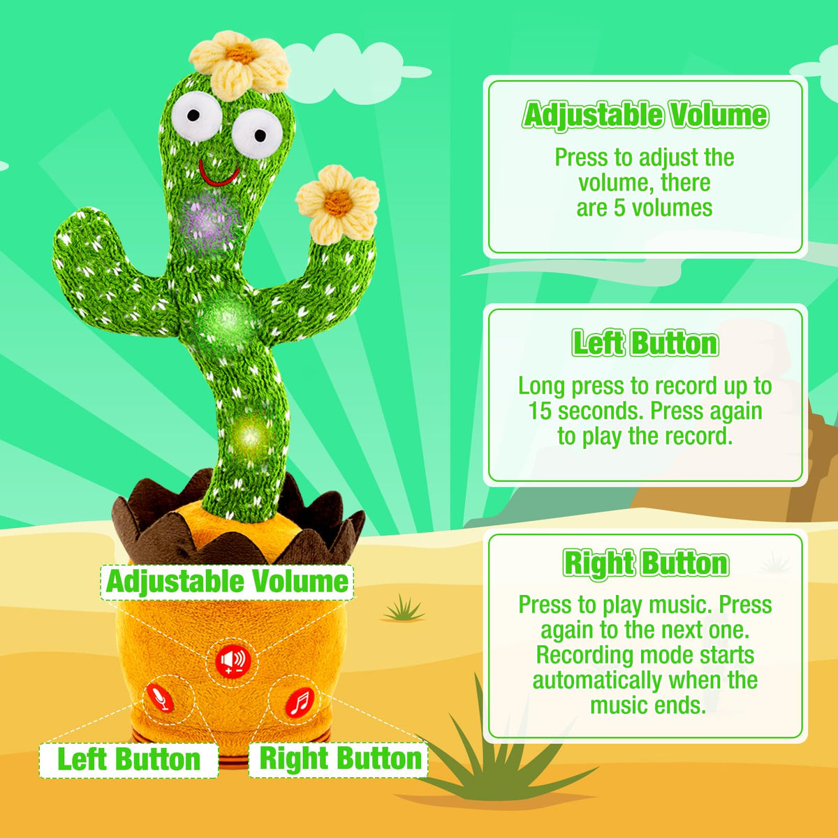 Ayeboovi Dancing Talking Cactus Baby Toy — Repeats What You Say with Volume Adjustable Flowering Cactus
