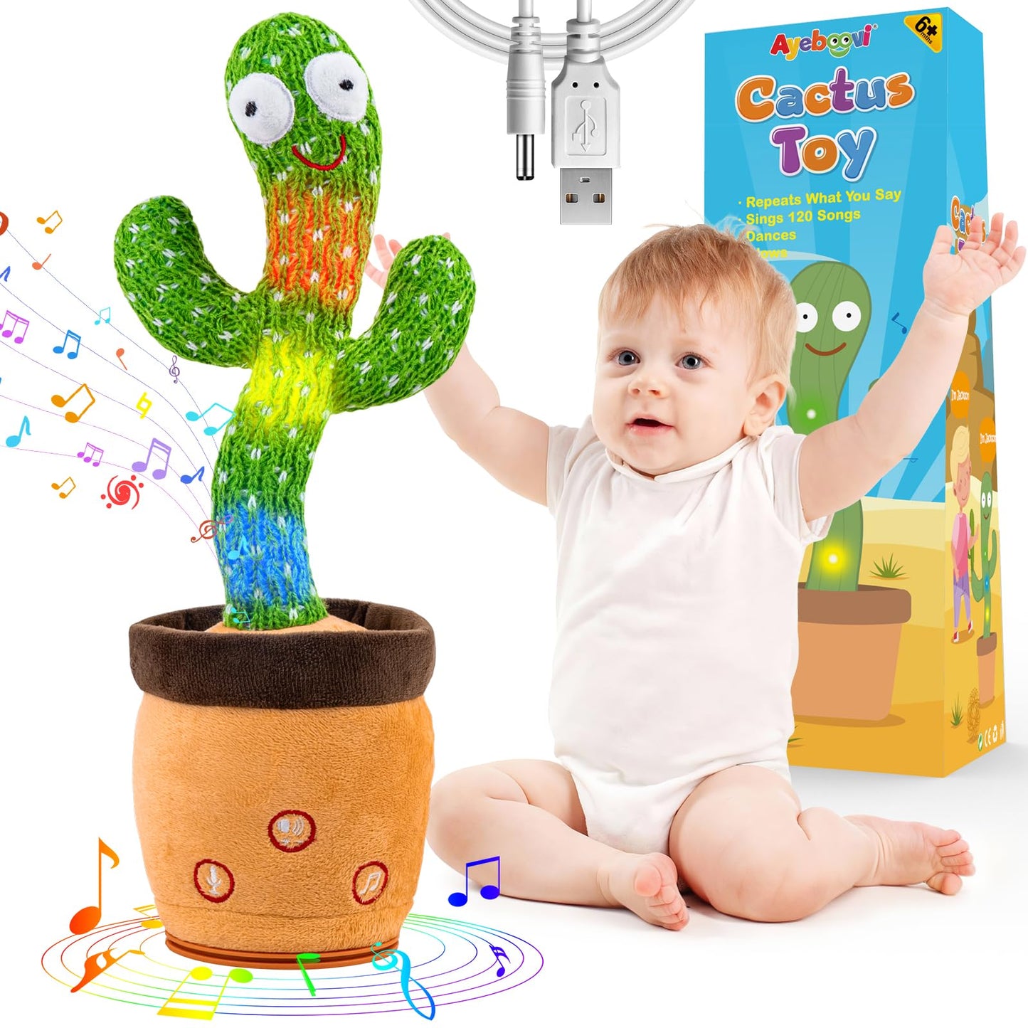 Ayeboovi Rechargeable Dancing Talking Cactus Toy – 120 Songs, Recording & Dancing for Babies