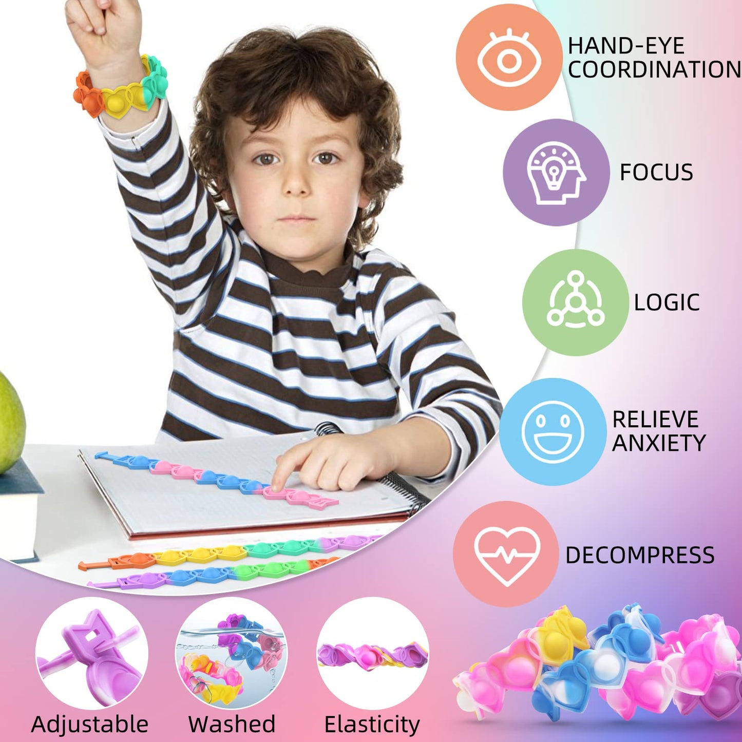 AYGXU 30pc Valentines Gifts — Heart POP Bracelets & Classroom Cards