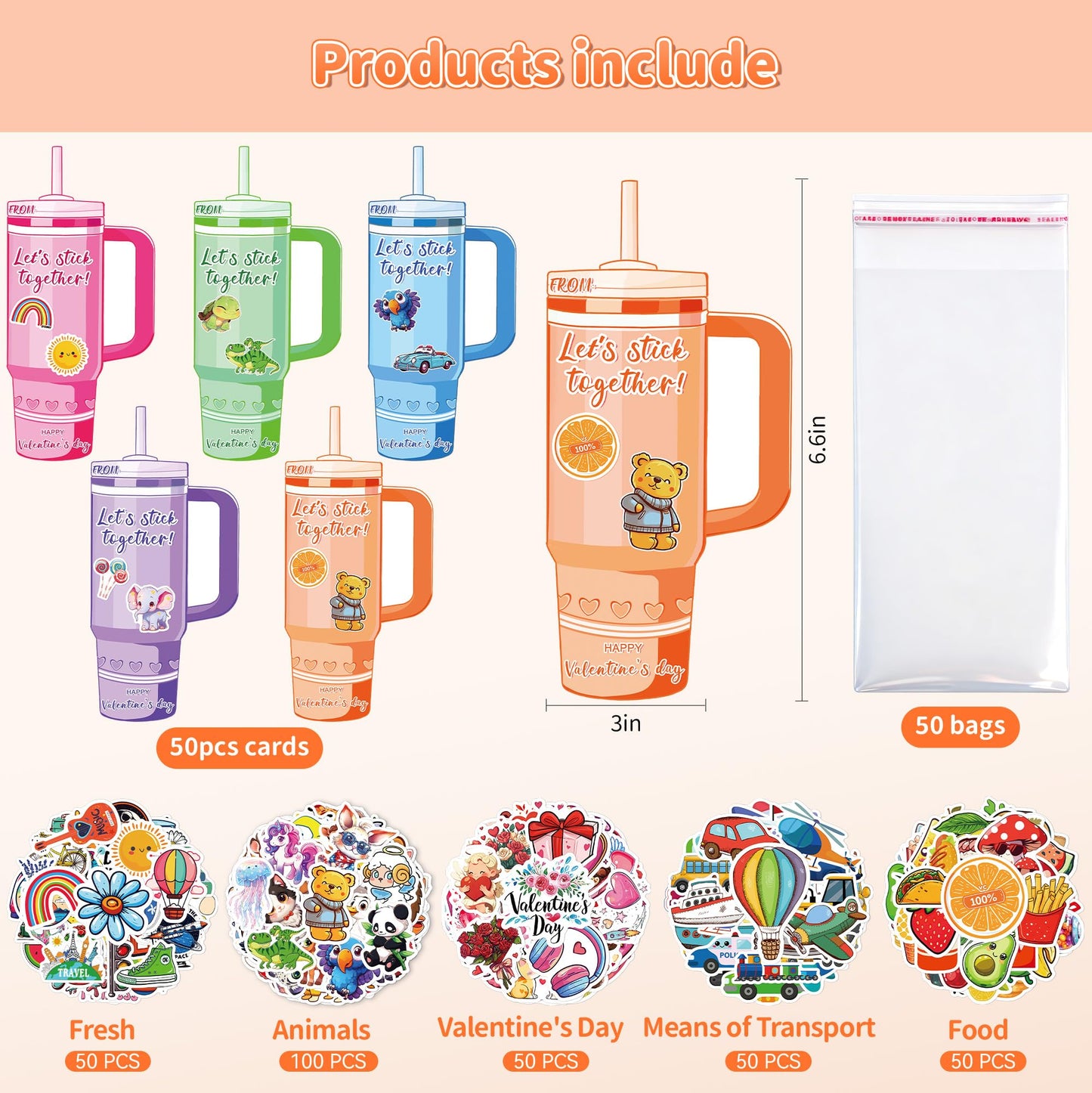 AYGXU Valentine’s Day Stickers Gift Set for Kids – 300 Stickers + 50 Cards