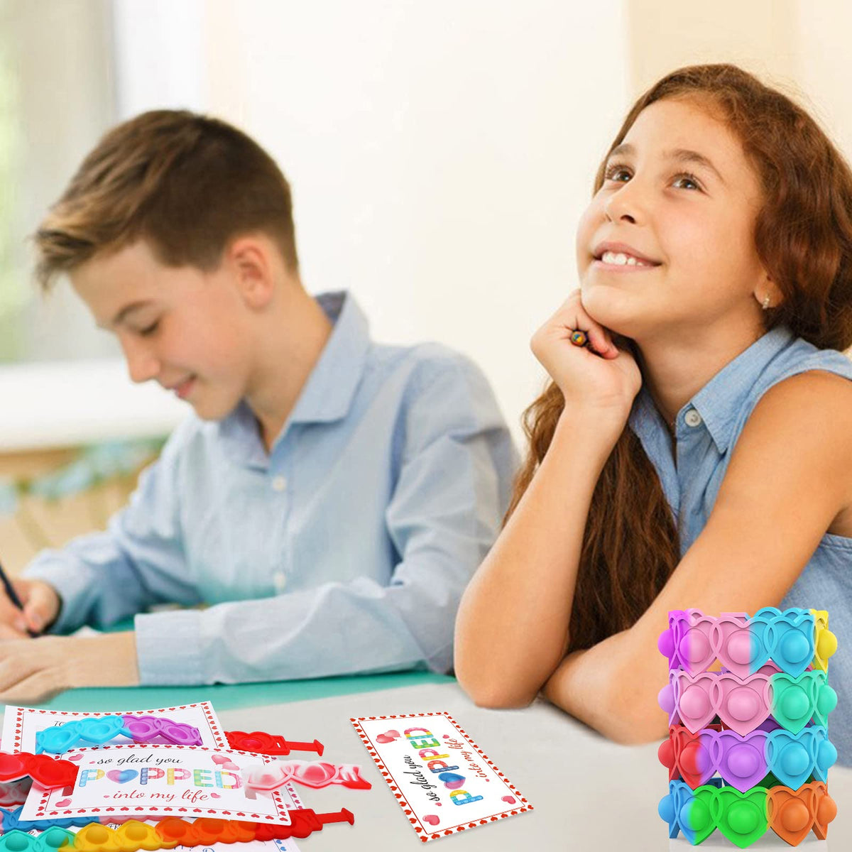 AYGXU 30pc Valentines Gifts — Heart POP Bracelets & Classroom Cards