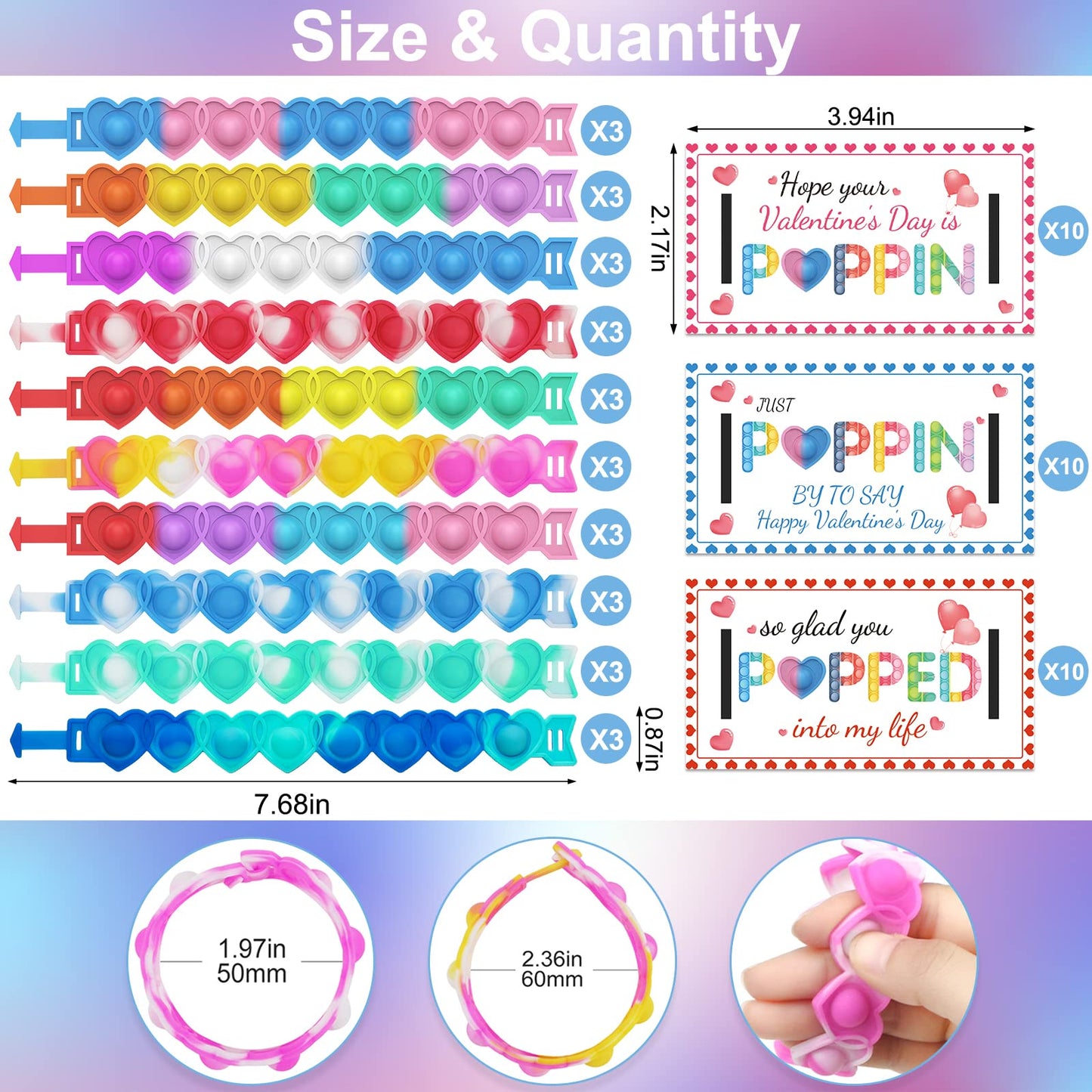 AYGXU 30pc Valentines Gifts — Heart POP Bracelets & Classroom Cards