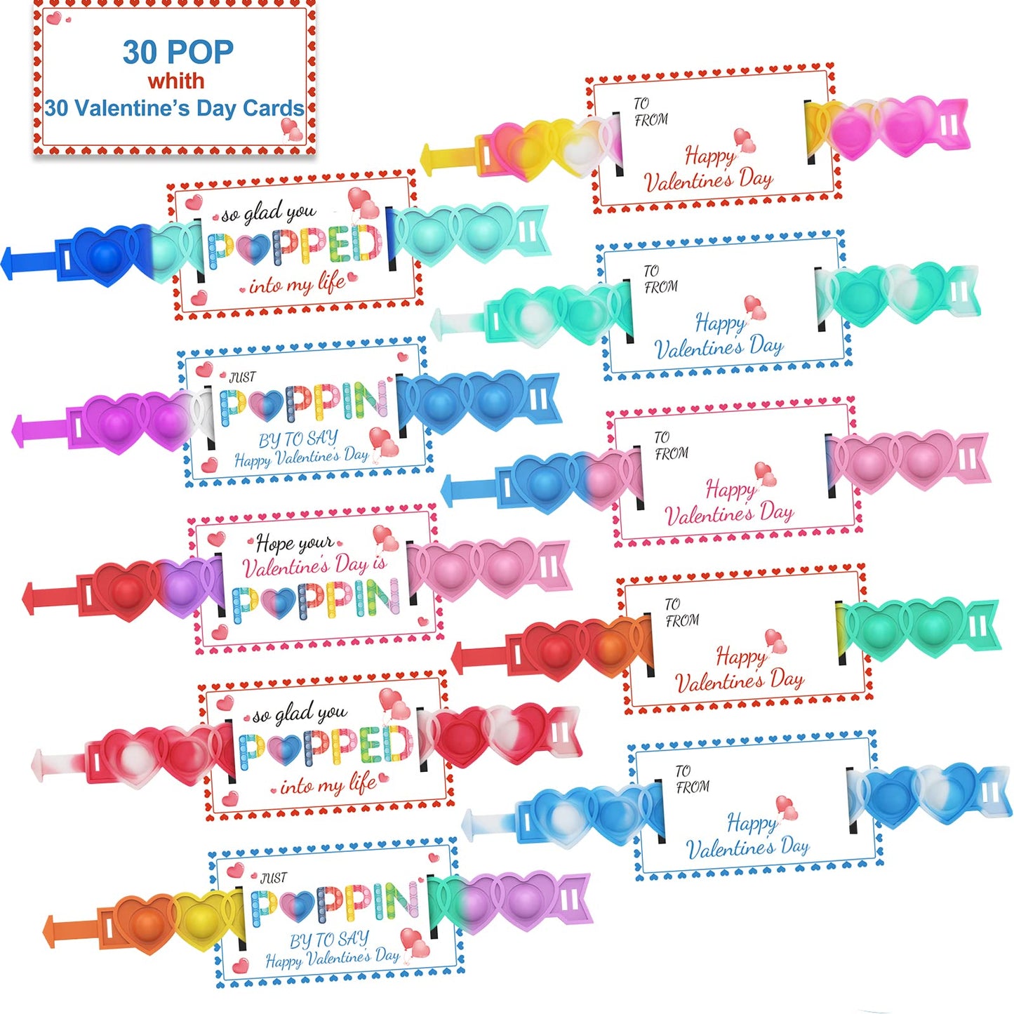 AYGXU 30pc Valentines Gifts — Heart POP Bracelets & Classroom Cards
