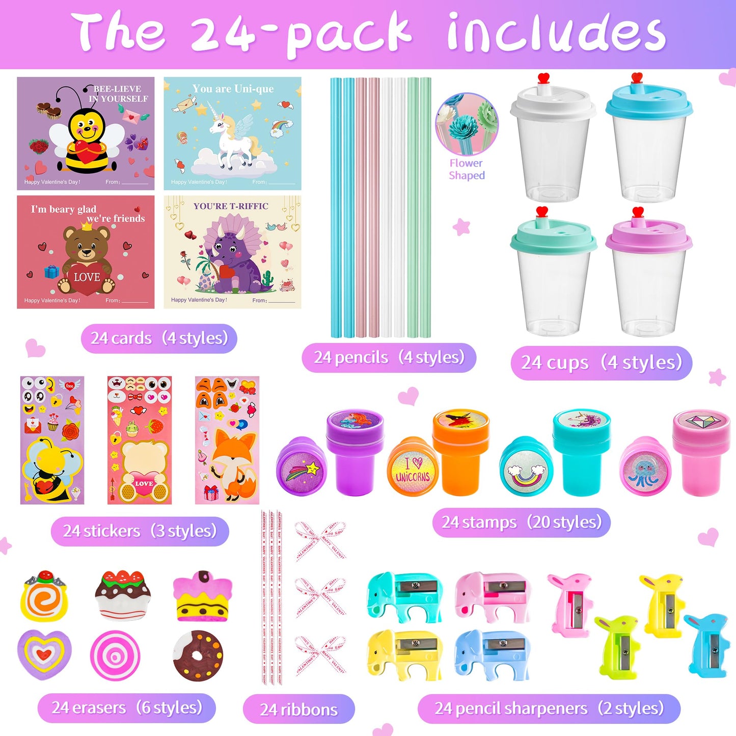 AYGXU 24-Piece Valentines Day Stationery Set for Kids – Classroom Gifts & Cards