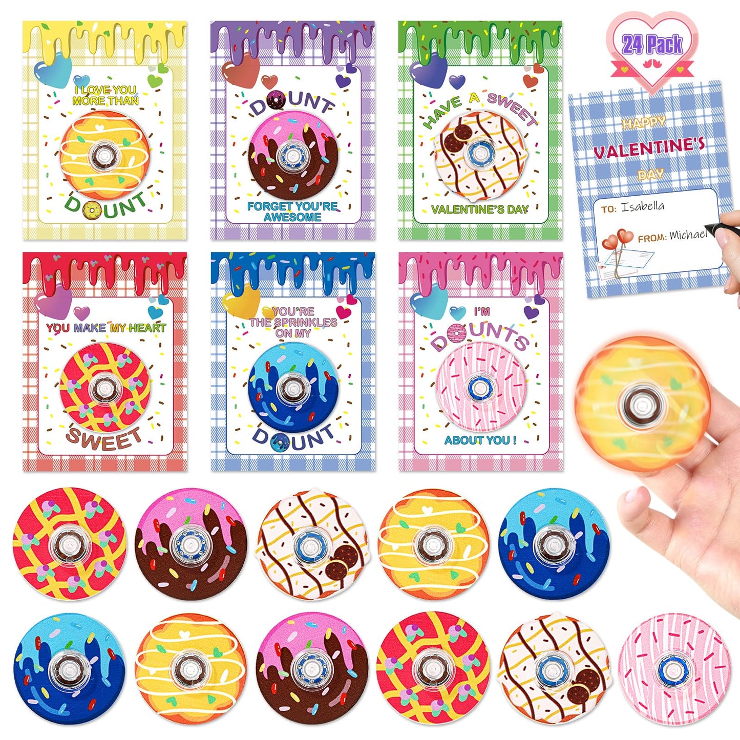 AyiOwmpa Valentines Day Cards for Kids — 24 Donut Fidget Spinner Classroom Gifts