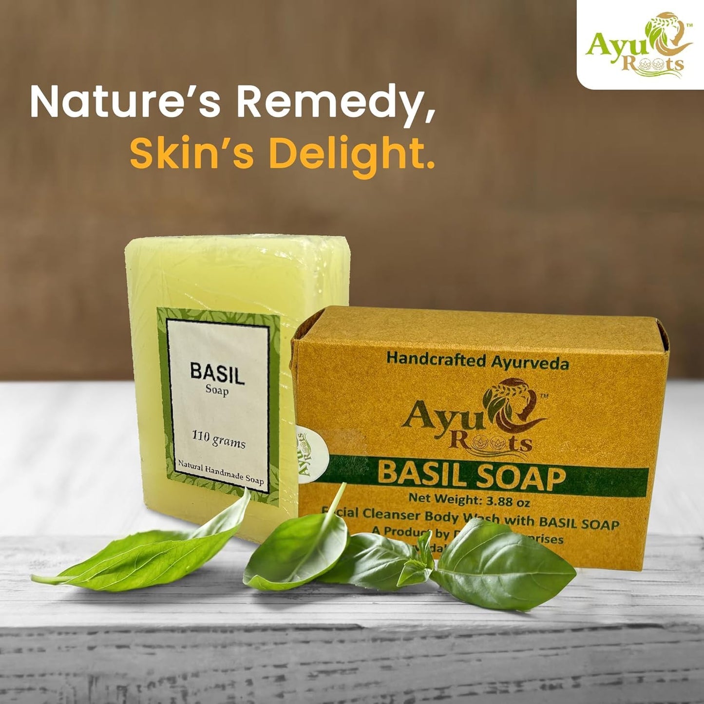 AyuRoots Ayurvedic Basil Soap Bar – Handmade Vegan Face & Body Soap (3.88 oz)