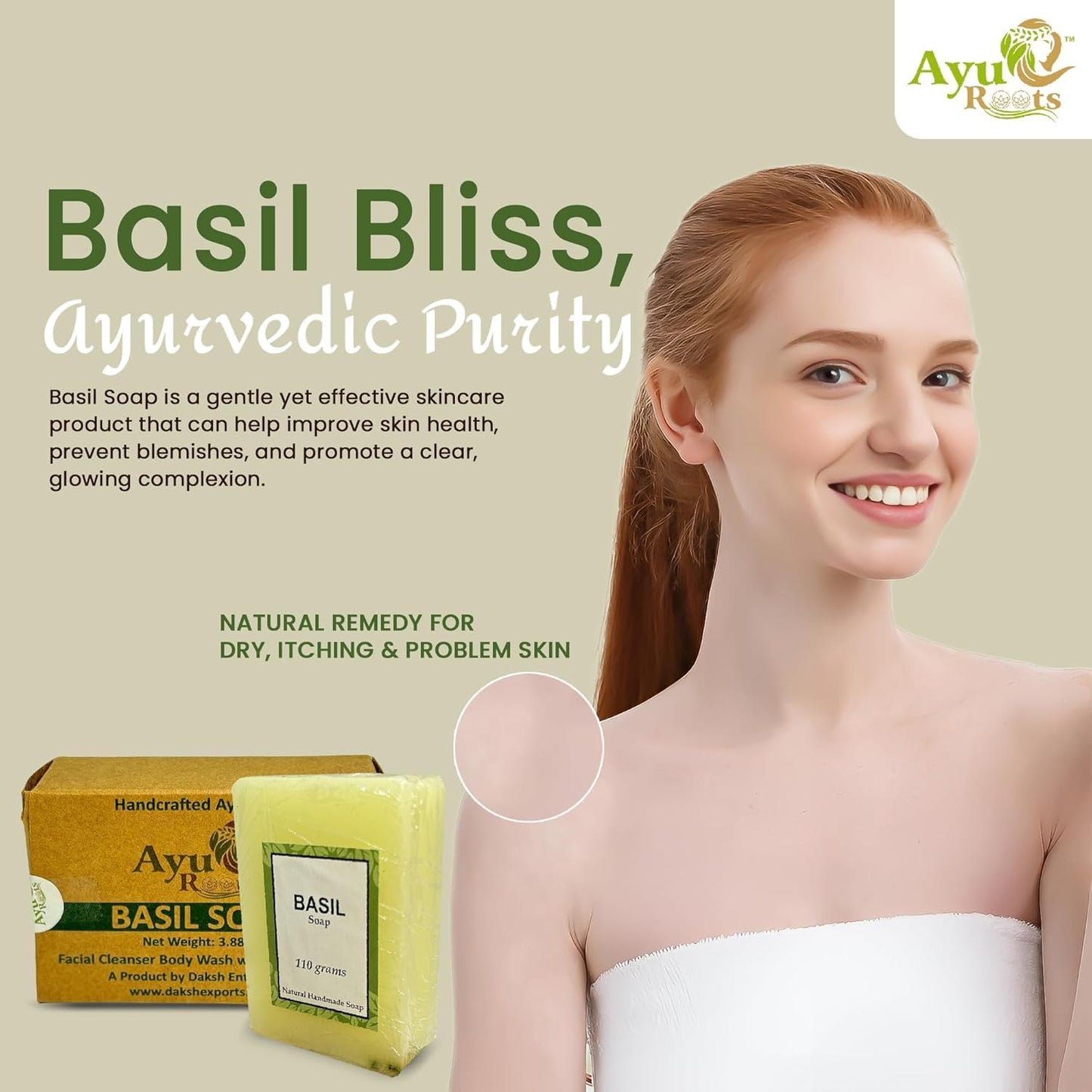 AyuRoots Ayurvedic Basil Soap Bar – Handmade Vegan Face & Body Soap (3.88 oz)