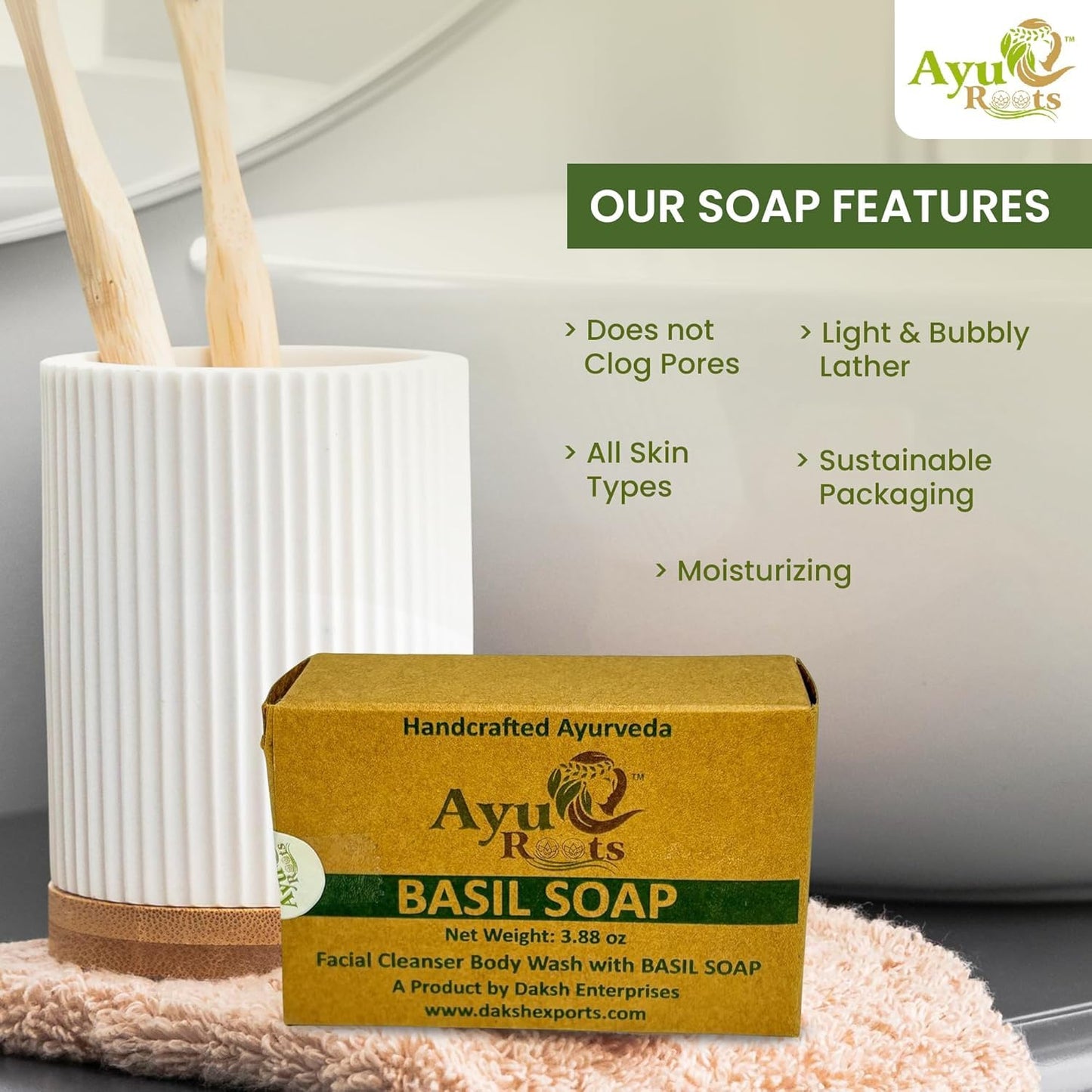 AyuRoots Ayurvedic Basil Soap Bar – Handmade Vegan Face & Body Soap (3.88 oz)